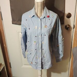 Teddi Embroidered Floral Accented Blue and Red Embroidered Button-Up Shirt